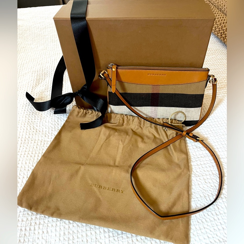 Burberry Tan and Black Stripe Canvas Crossbody Bag